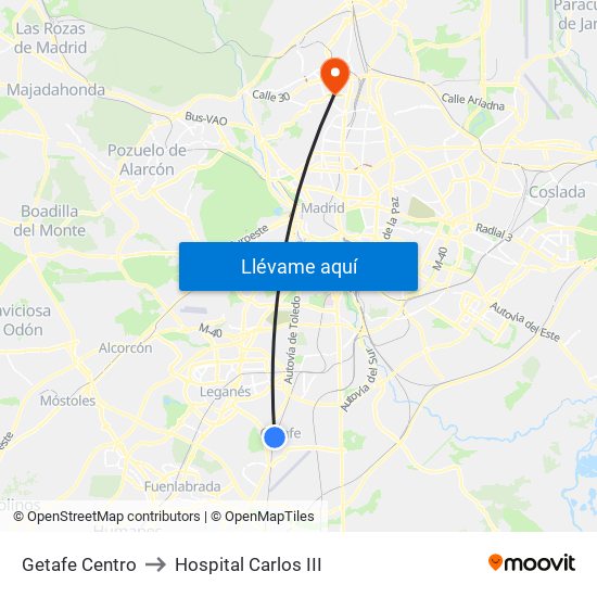 Getafe Centro to Hospital Carlos III map