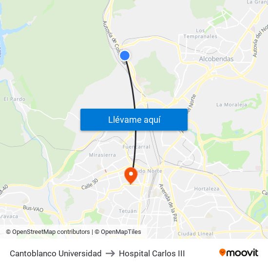 Cantoblanco Universidad to Hospital Carlos III map