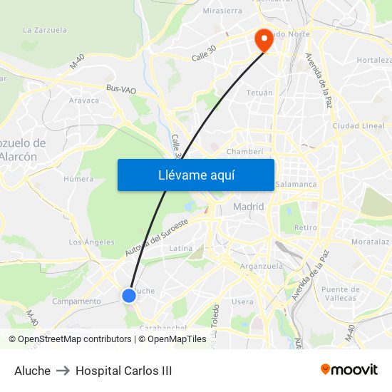 Aluche to Hospital Carlos III map