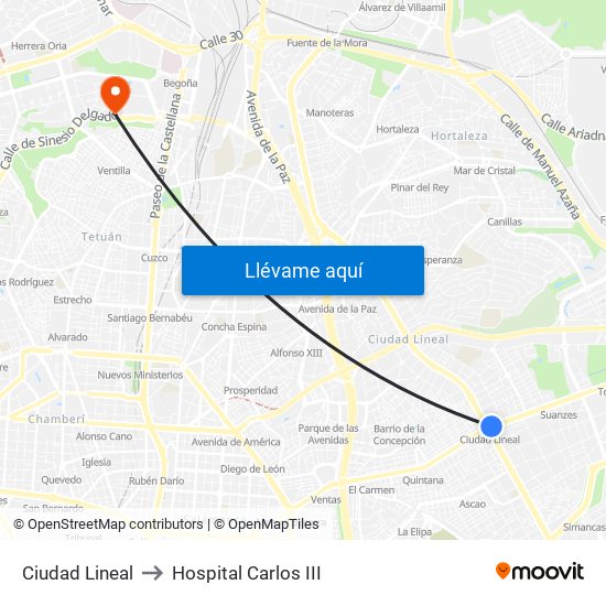 Ciudad Lineal to Hospital Carlos III map