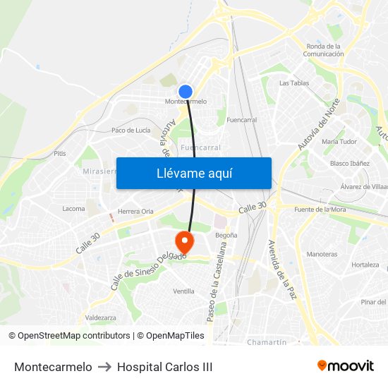 Montecarmelo to Hospital Carlos III map