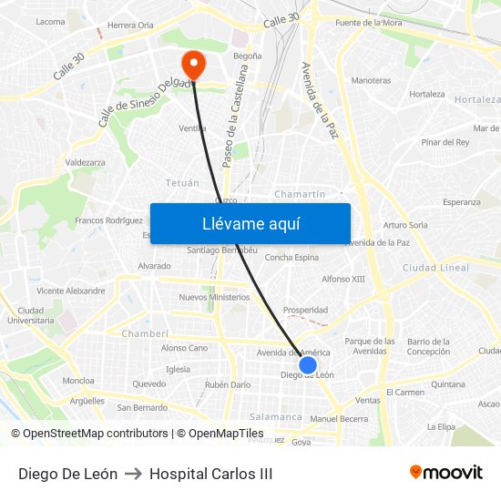 Diego De León to Hospital Carlos III map