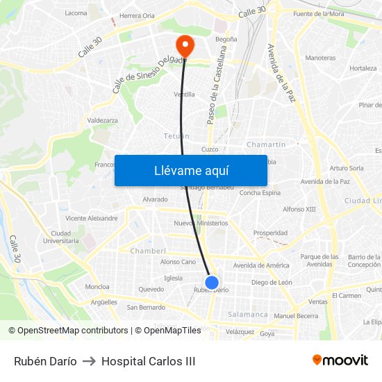 Rubén Darío to Hospital Carlos III map