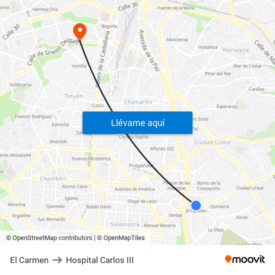 El Carmen to Hospital Carlos III map