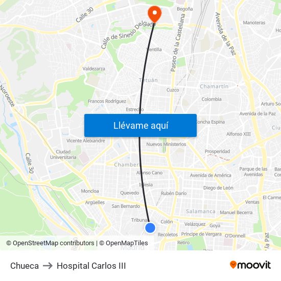 Chueca to Hospital Carlos III map