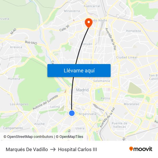 Marqués De Vadillo to Hospital Carlos III map