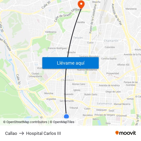 Callao to Hospital Carlos III map