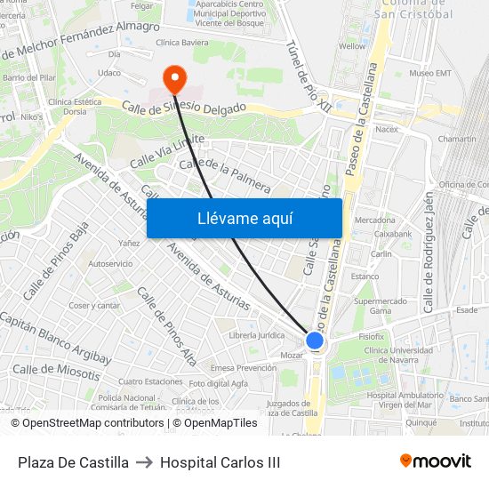 Plaza De Castilla to Hospital Carlos III map