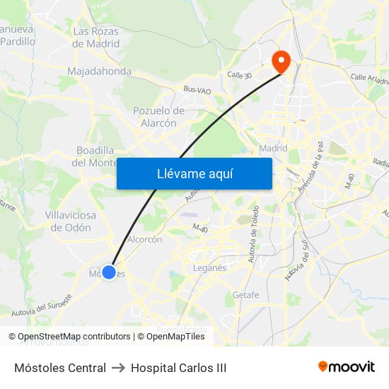 Móstoles Central to Hospital Carlos III map