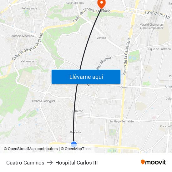 Cuatro Caminos to Hospital Carlos III map