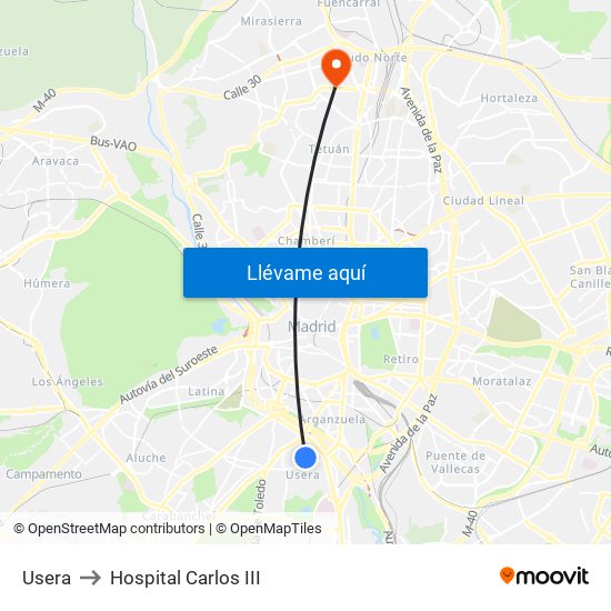Usera to Hospital Carlos III map