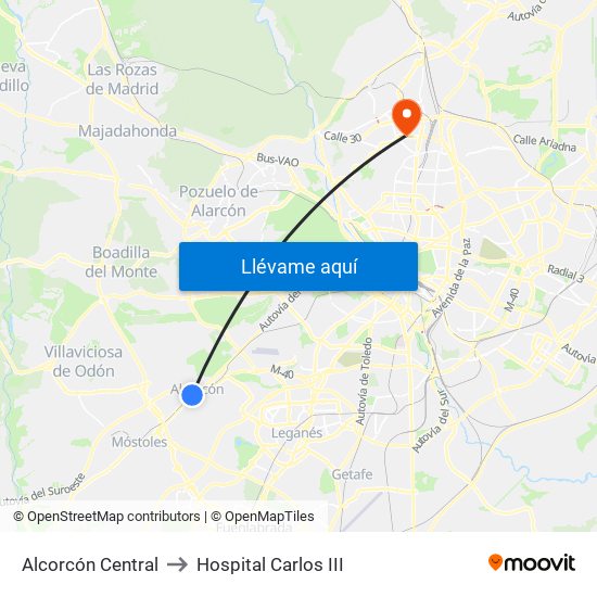 Alcorcón Central to Hospital Carlos III map