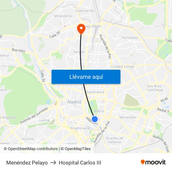Menéndez Pelayo to Hospital Carlos III map