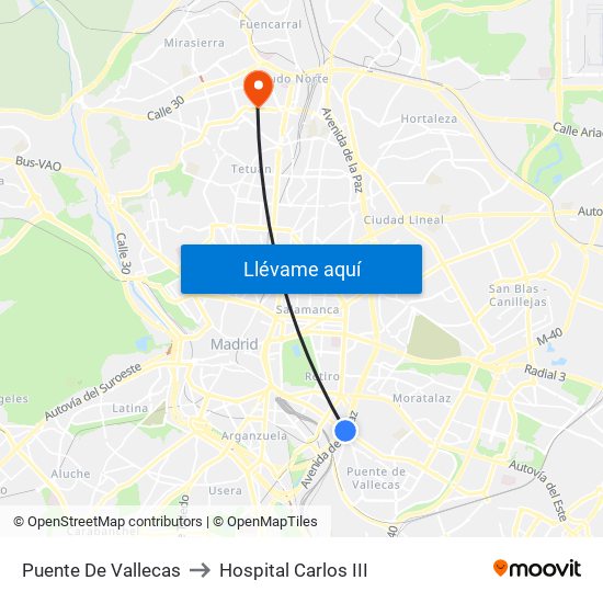 Puente De Vallecas to Hospital Carlos III map