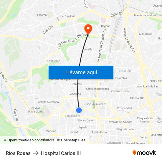Ríos Rosas to Hospital Carlos III map