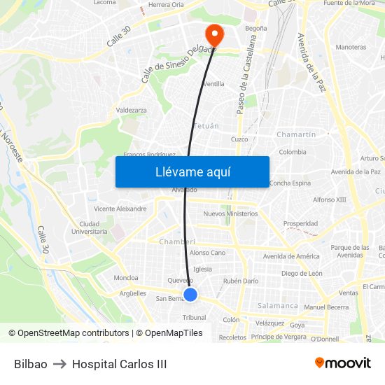 Bilbao to Hospital Carlos III map