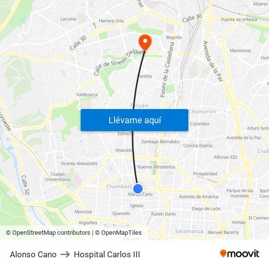 Alonso Cano to Hospital Carlos III map