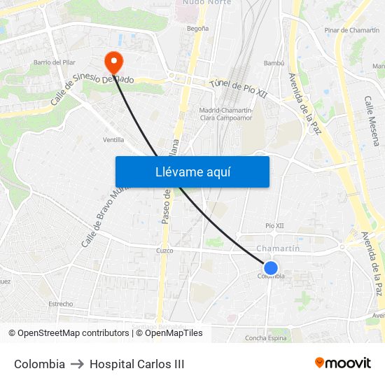 Colombia to Hospital Carlos III map