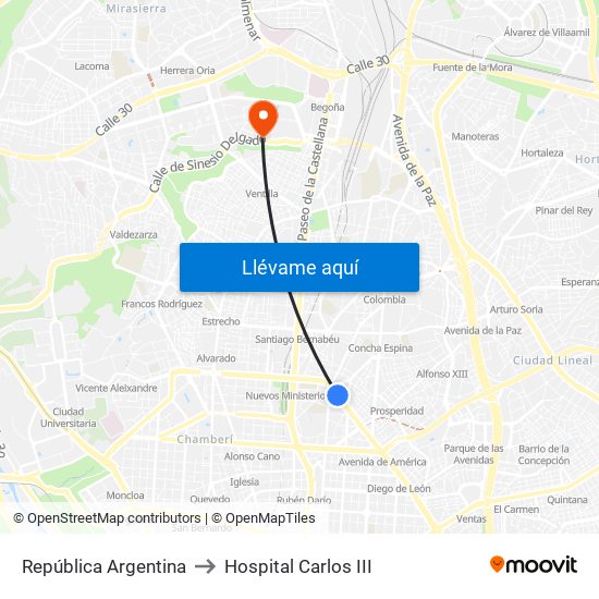 República Argentina to Hospital Carlos III map