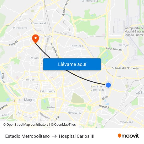 Estadio Metropolitano to Hospital Carlos III map