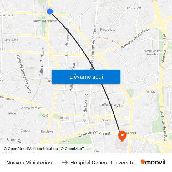 Nuevos Ministerios - Centro Comercial to Hospital General Universitario Gregorio Marañón. map