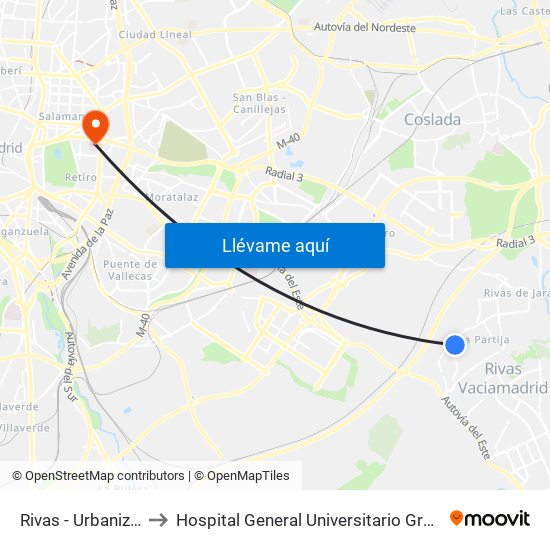 Rivas - Urbanizaciones to Hospital General Universitario Gregorio Marañón. map