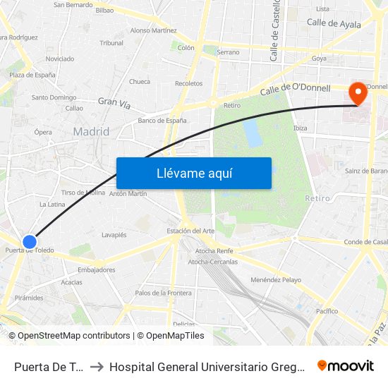 Puerta De Toledo to Hospital General Universitario Gregorio Marañón. map