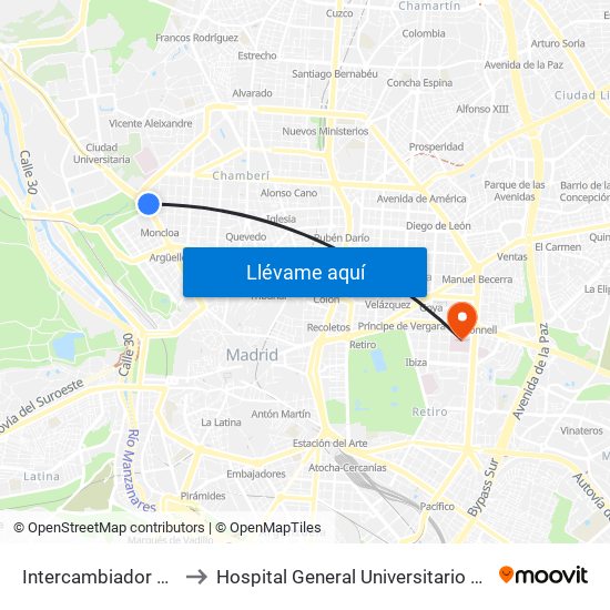 Intercambiador De Moncloa to Hospital General Universitario Gregorio Marañón. map