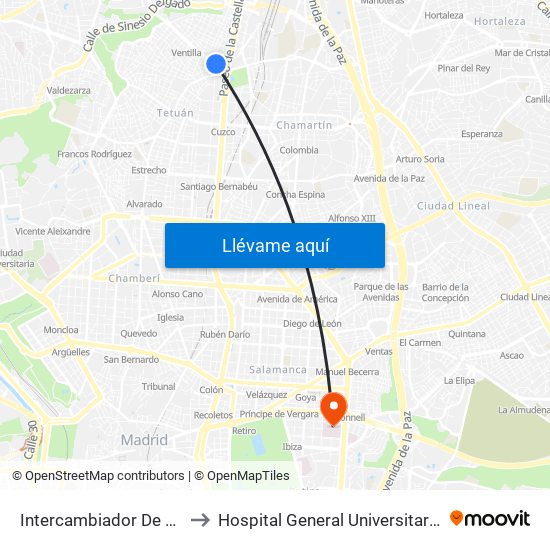 Intercambiador De Plaza De Castilla to Hospital General Universitario Gregorio Marañón. map