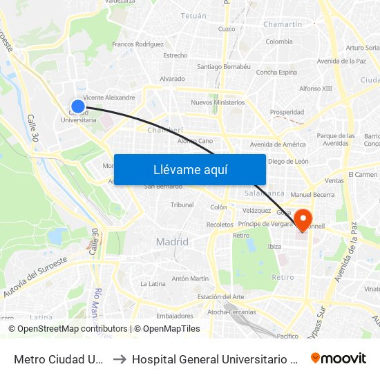 Metro Ciudad Universitaria to Hospital General Universitario Gregorio Marañón. map