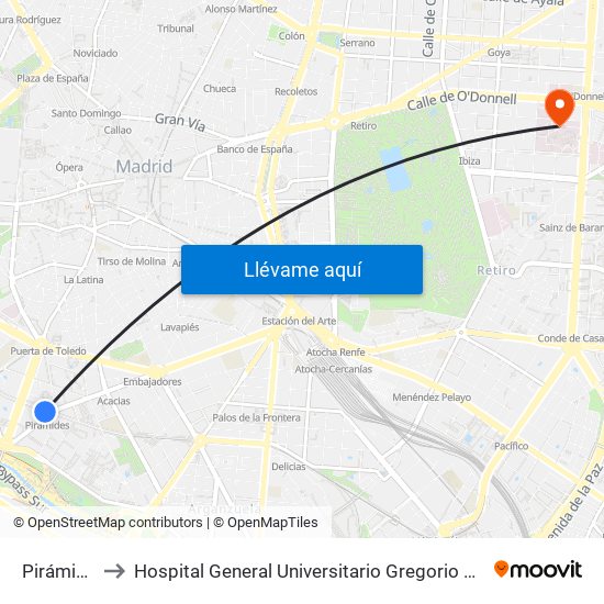 Pirámides to Hospital General Universitario Gregorio Marañón. map