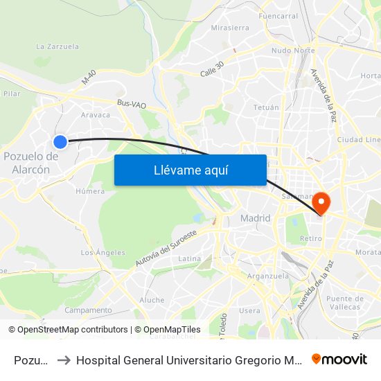 Pozuelo to Hospital General Universitario Gregorio Marañón. map
