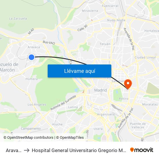 Aravaca to Hospital General Universitario Gregorio Marañón. map