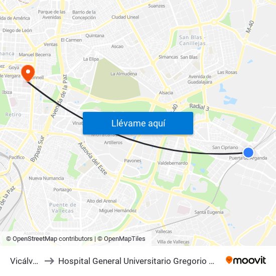 Vicálvaro to Hospital General Universitario Gregorio Marañón. map