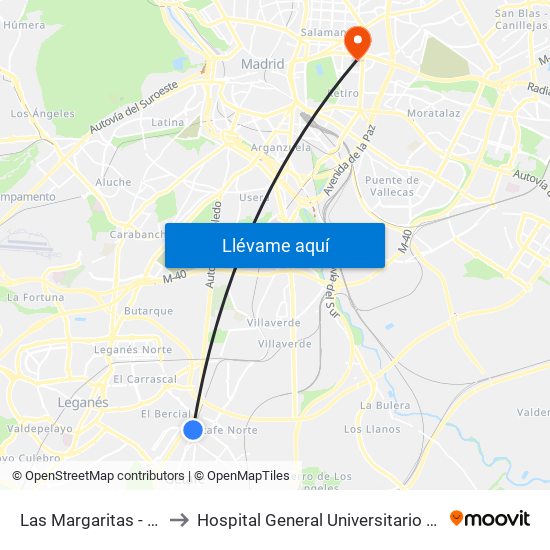 Las Margaritas - Universidad to Hospital General Universitario Gregorio Marañón. map