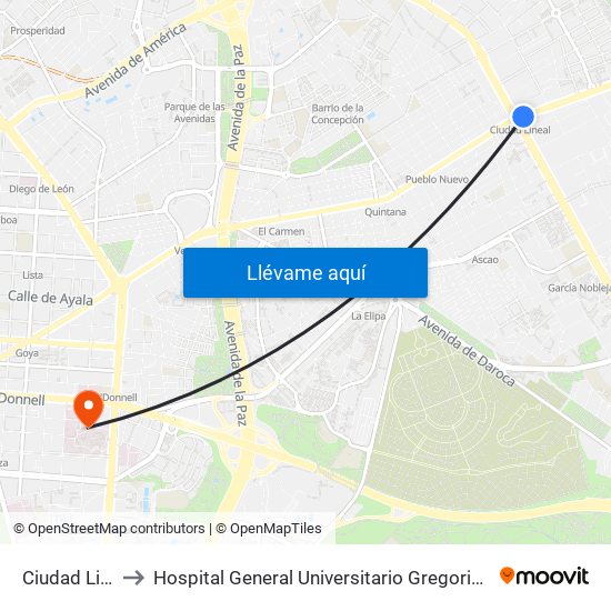 Ciudad Lineal to Hospital General Universitario Gregorio Marañón. map