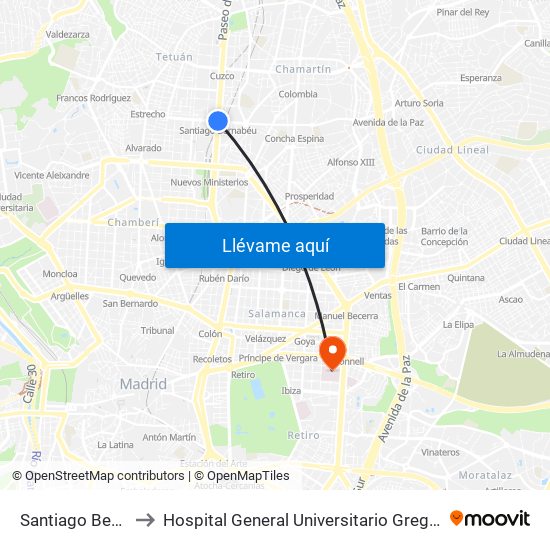 Santiago Bernabéu to Hospital General Universitario Gregorio Marañón. map