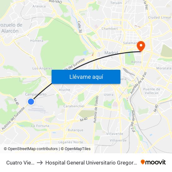 Cuatro Vientos to Hospital General Universitario Gregorio Marañón. map