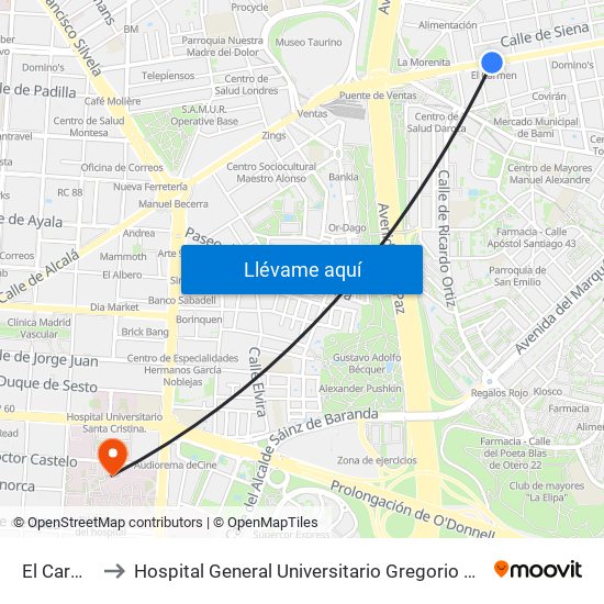 El Carmen to Hospital General Universitario Gregorio Marañón. map