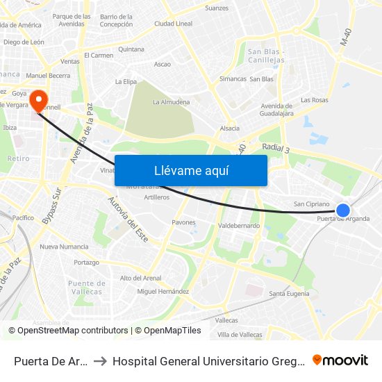 Puerta De Arganda to Hospital General Universitario Gregorio Marañón. map