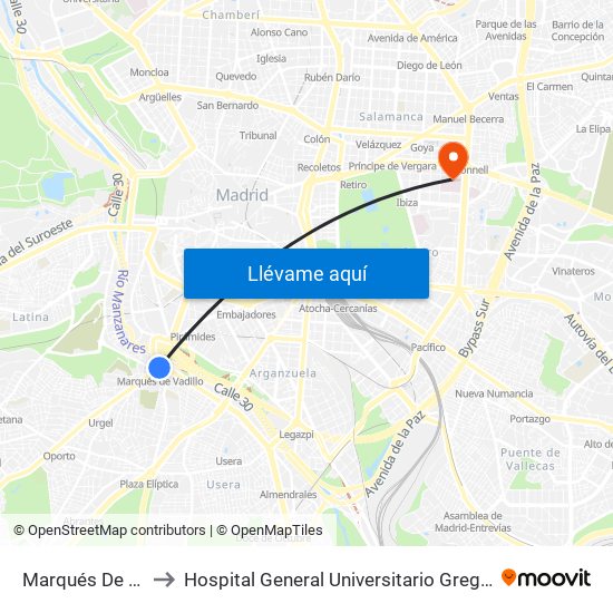 Marqués De Vadillo to Hospital General Universitario Gregorio Marañón. map