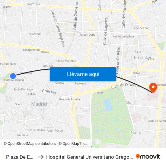 Plaza De España to Hospital General Universitario Gregorio Marañón. map