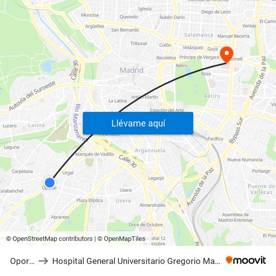 Oporto to Hospital General Universitario Gregorio Marañón. map