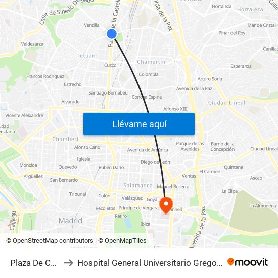 Plaza De Castilla to Hospital General Universitario Gregorio Marañón. map