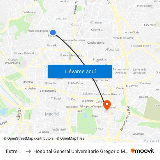 Estrecho to Hospital General Universitario Gregorio Marañón. map