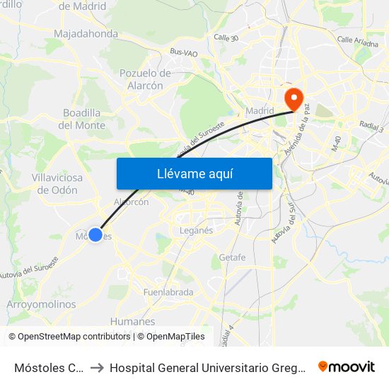 Móstoles Central to Hospital General Universitario Gregorio Marañón. map