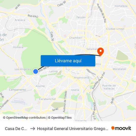 Casa De Campo to Hospital General Universitario Gregorio Marañón. map