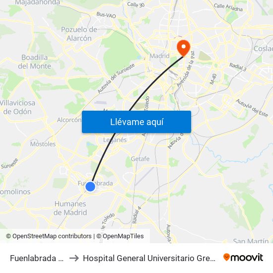Fuenlabrada Central to Hospital General Universitario Gregorio Marañón. map