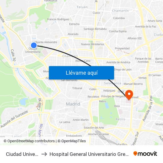 Ciudad Universitaria to Hospital General Universitario Gregorio Marañón. map