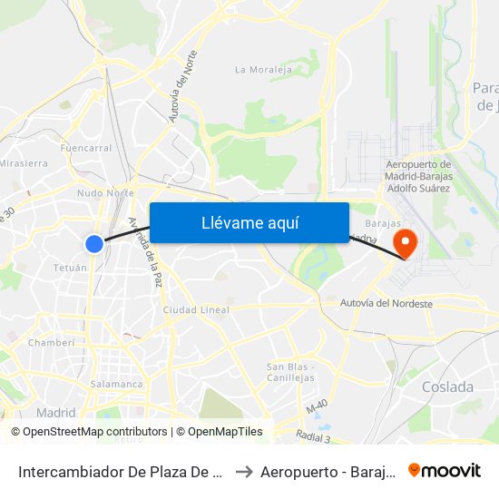 Intercambiador De Plaza De Castilla to Aeropuerto - Barajas T1 map